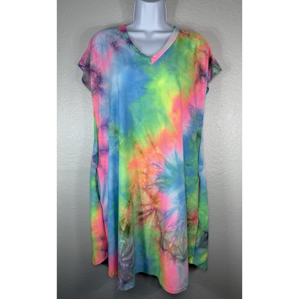 Women's vibrant multicolor tie-dye short-sleeve casual dress Size M/L Pockets